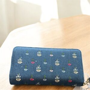 Embroidered Denim Wallet with Floral Accents